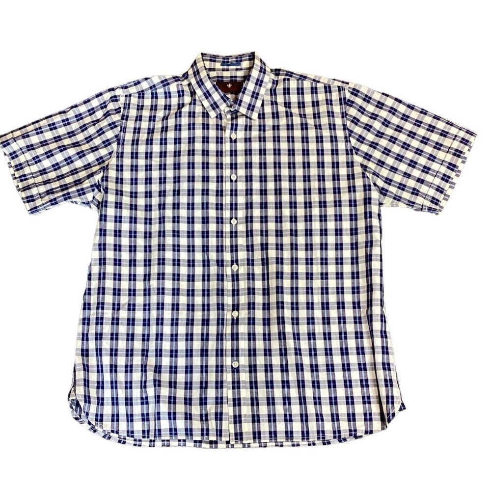 Toscano Mens XL SS Casual Button Front Cotton Shirt Blue & White Plaid 219H